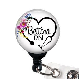 Retractable Badge Holder, Personalized Name , Floral Steth Heart - Badge Reel, Steth Tag, Carabiner, Nurse Badge, RN Badge, RT Badge
