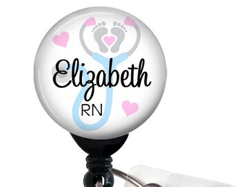 Retractable ID Badge Holder - Personalized Name - Steth with Hearts and Baby Feet - Badge Reel, Steth Tag, Carabiner, Lanyard / OB Nurse