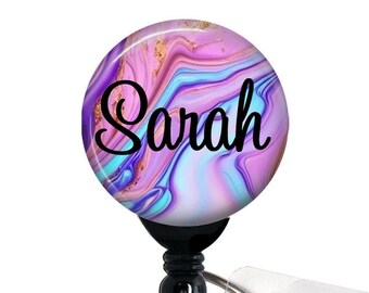 Marble Badge Holder - Bright Pink Blue Purple, Personalized Name Badge Reel, Steth Tag, Lanyard, Carabiner Nurse Badge, 1.5" BUTTON