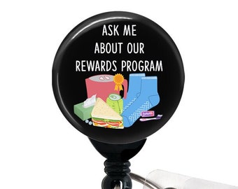 Ask Me About Our Rewards Program Badge Reel, Grippy Socks, Turkey Sandwich,Swivel Clip, Slide, Carabiner, Swappable Top, Funny Nurse Badge
