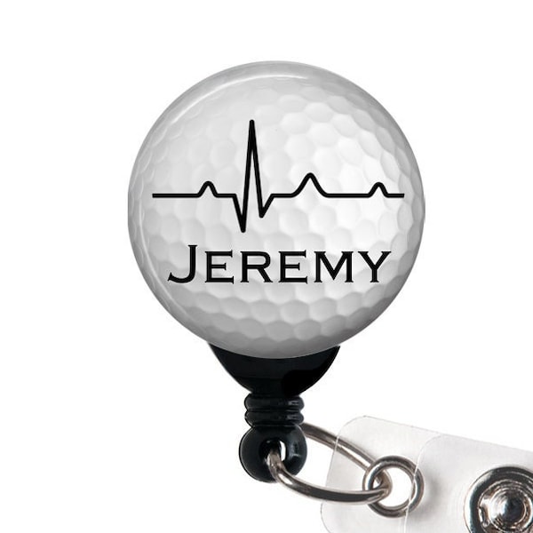 Personalized Badge Reel - EKG Golf Ball - Name Badge Holder, Steth Tag, Carabiner or Lanyard, Male Nurse, Male Teacher, RN Badge, Golf Badge