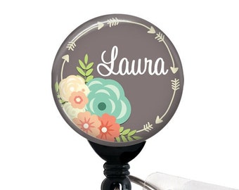 Badge Reel, Personalized Name - Flowers and Arrows - Choice of Colors - Alligator Clip, Belt Clip, Carabiner, Lanyard, Nurse Badge