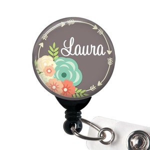 Badge Reel, Personalized Name Flowers and Arrows Choice of Colors Alligator Clip, Belt Clip, Carabiner, Lanyard, Nurse Badge image 1