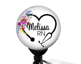 Personalized Badge Reel, Floral Steth Heart, Retractable Badge Holder, Steth Tag, Lanyard, Carabiner / Nurse Badge / RT Badge