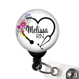 Personalized Badge Reel, Floral Steth Heart, Retractable Badge Holder, Steth Tag, Lanyard, Carabiner / Nurse Badge / RT Badge image 1