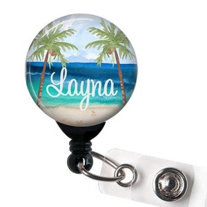 Retractable ID Badge Holder Ocean Beach Palm Watercolor Personalized Name or Monogram Badge Reel, Steth Tag, Lanyard, Carabiner image 1