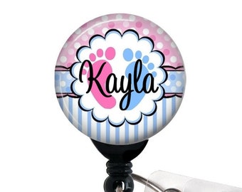 Baby Feet Badge Reel, Personalized Name Funky Baby Feet, Labor and Delivery, L&D Nurse, NICU Nurse Gift, Swivel Alligator, Slide/Belt Clip