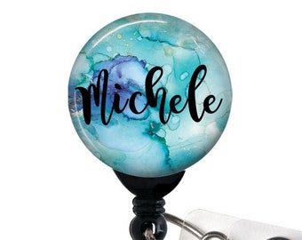 Retractable Badge Holder - Blue Teal Marble - Personalized Name Badge Reel, Steth Tag, Lanyard, Carabiner Nurse Badge