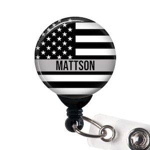 Retractable Badge Holder - Personalized Name - Thin Grey Line, Corrections Officer - Choice of Badge Reel, Carabiner, Lanyard, Steth Tag