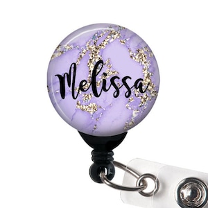 Retractable ID Badge Holder - Purple Gold Marble - Personalized Name Badge Reel, Steth Tag, Lanyard, Carabiner Nurse Badge