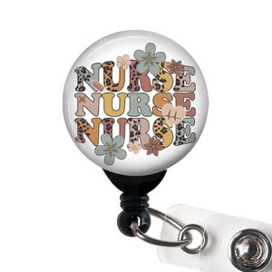Retractable Badge Reel - Nurse Leopard Floral - Badge Holder with Swivel Clip, Slide Clip, Carabiner, Lanyard, Nurse Badge, Floral Badge