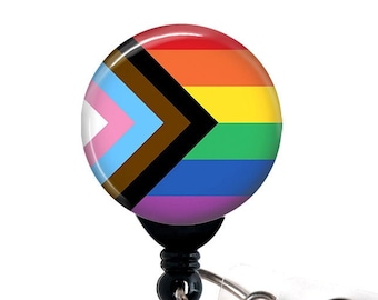 Retractable Badge Holder - Progress Pride Flag LGBTQ Rainbow Inclusive Flag - Alligator Clip Badge Reel, Swivel Clip, Belt Clip, Carabiner