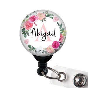 Retractable Badge Reel - Rose Watercolor Floral - Personalized Name Badge Holder , Steth Tag, Lanyard, Carabiner Nurse Badge