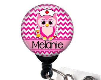 Nurse Badge Reel, Personalized Name,  Owl Nurse - Choice of Colors - Cute Badge Reel, Nurse Badge, Alligator Clip, Carabiner