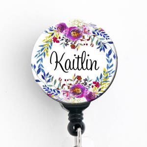 Name Badge Holder - Personalized Name Badge - Watercolor Floral Wreath - Retractable Badge Reel / Stethoscope Tag / Carabiner