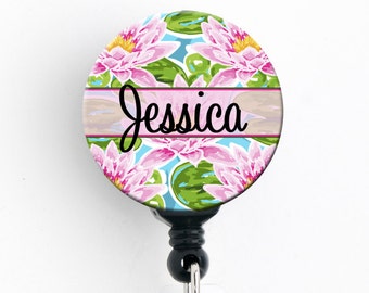 Retractable ID Badge Holder - Personalized Name - Pink Water Lillies - Choice of Badge Reel, Carabiner, Lanyard, Steth Tag