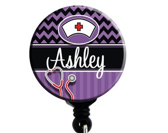 Retractable ID Badge Holder - Personalized Name - Chevron Nurse Hat - Choice of Colors - Badge Reel, Lanyard, Carabiner, Steth Tag