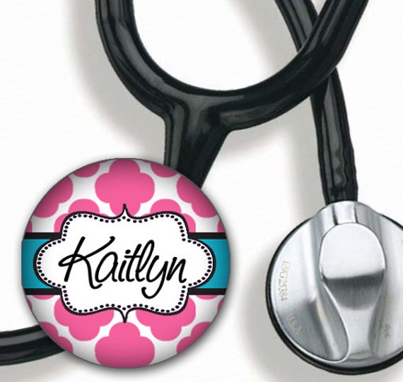 Stethoscope ID Tag Personalized Name hot Pink and Aqua Quatrefoil