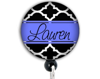 Retractable Badge Holder - Personalized Black and Blue Trellis - Badge Reel