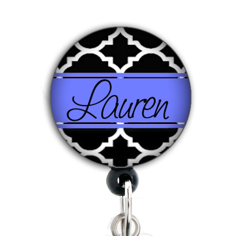 Retractable Badge Holder Personalized Black and Blue Trellis Badge Reel image 1