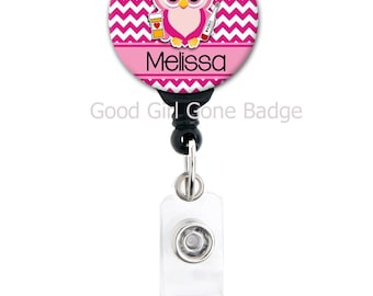 Retractable ID Badge Holder - Personalized Name Owl Nurse - Choice of Colors - Cute Badge Reel