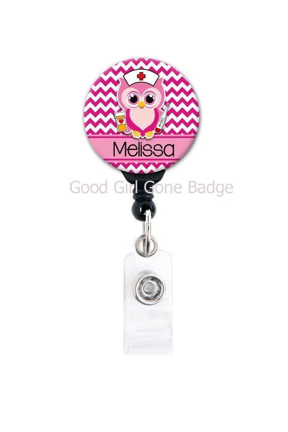 Retractable ID Badge Holder Personalized Name Owl Nurse Choice of