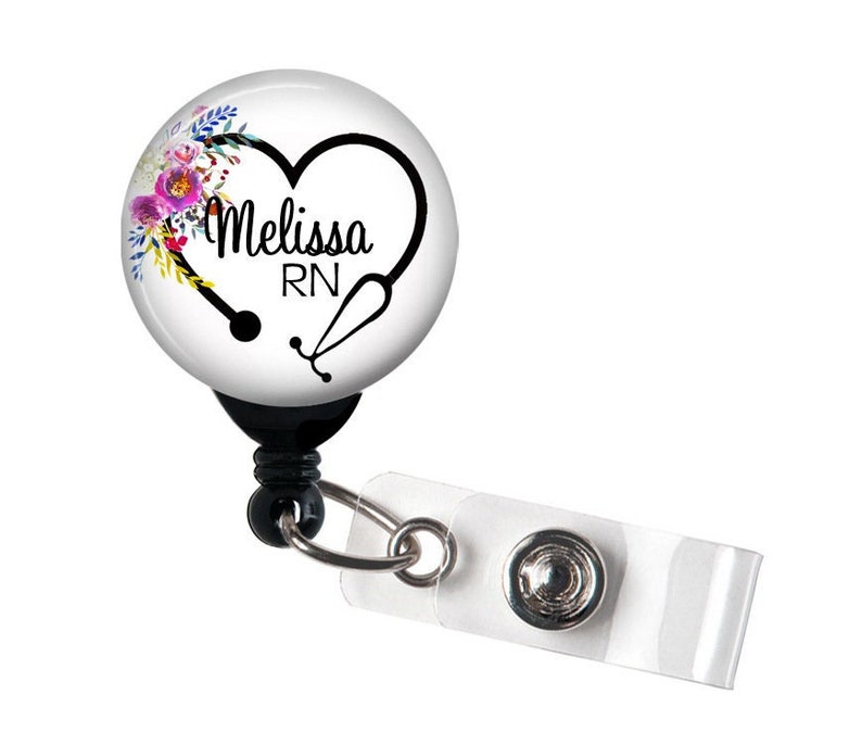 Personalized Badge Reel, Floral Steth Heart, Retractable Badge Holder, Steth Tag, Lanyard, Carabiner / Nurse Badge / RT Badge image 1