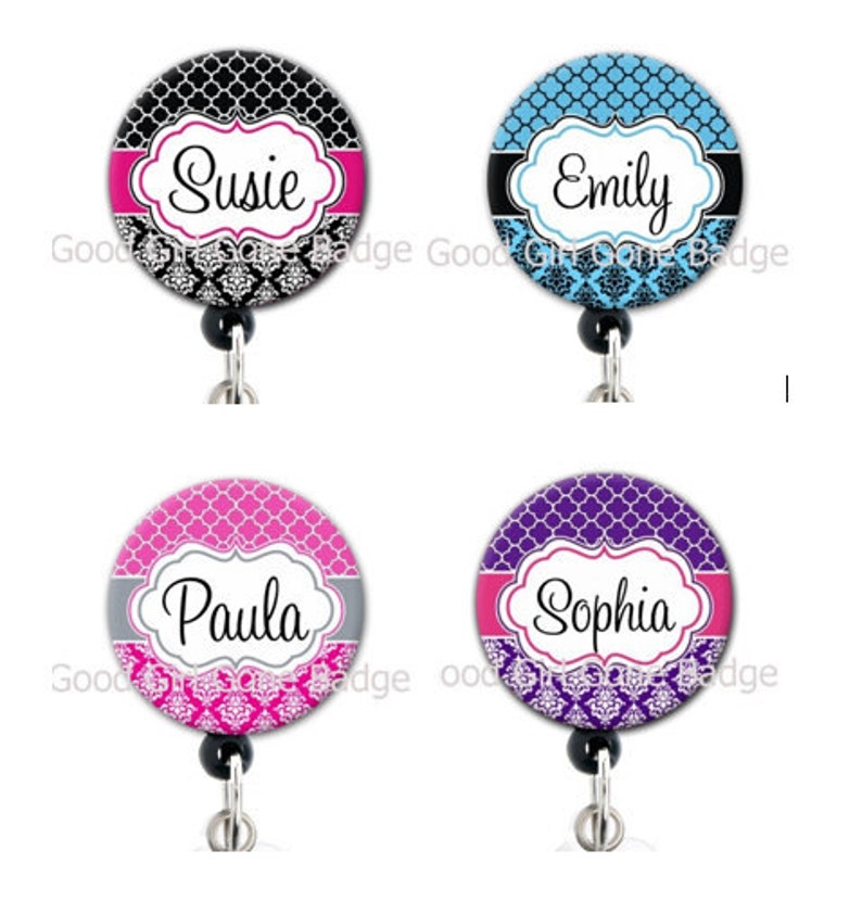 Retractable ID Badge Holder Personalized Name Damask Etsy