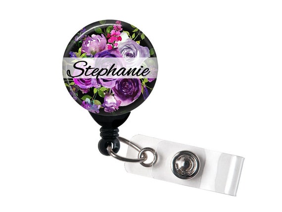 Retractable ID Badge Holder -Purple Floral Bouquet - Personalized Name  Badge Reel, Steth Tag, Lanyard, Carabiner Nurse Badge / Teacher Badge