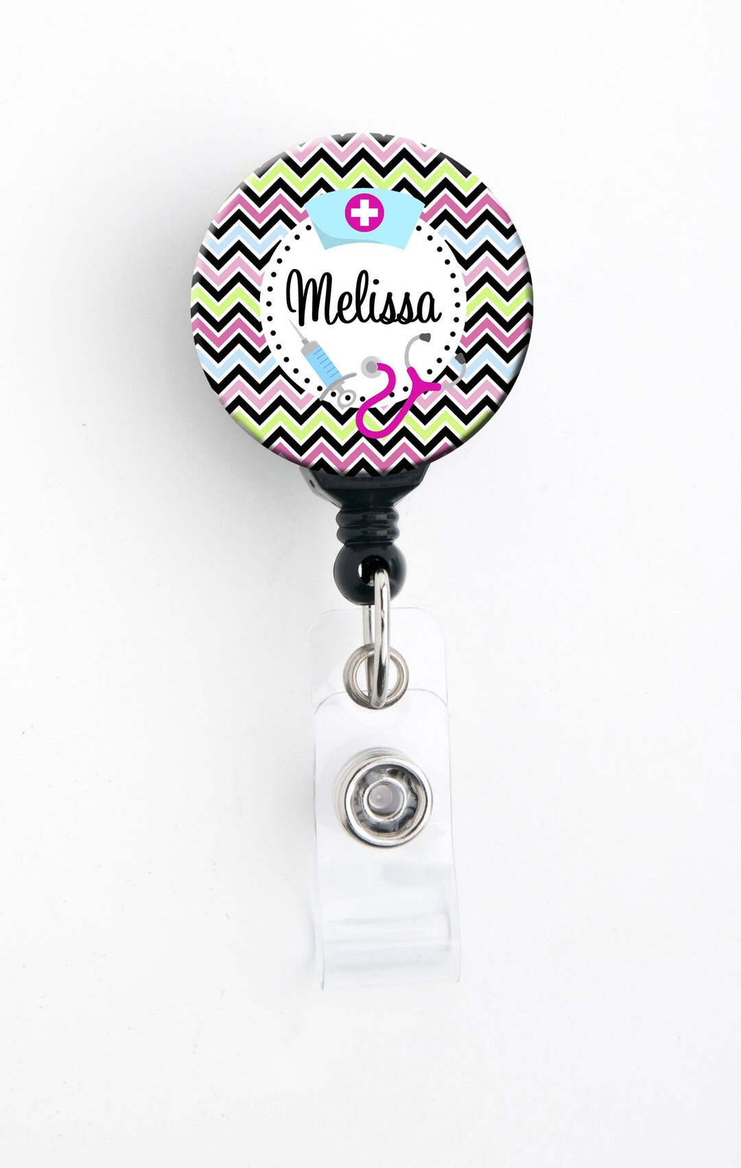 Retractable ID Badge Holder Personalized Name Chevron Colors Nurse