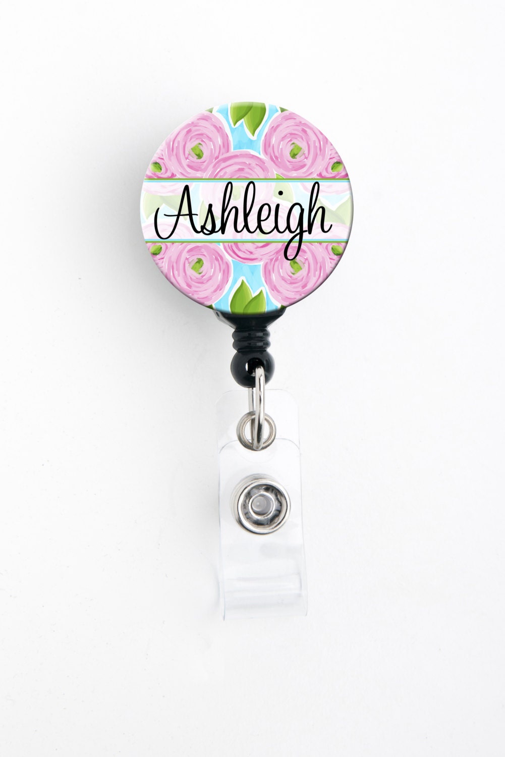 Retractable ID Badge Holder Personalized Name Ranunculus Floral