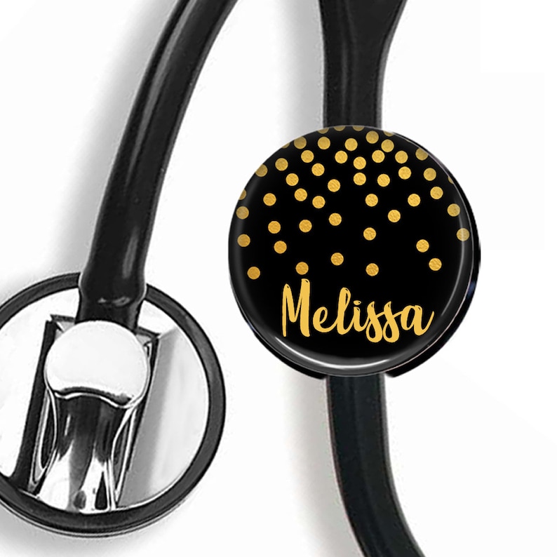 Personalized Name Badge Reel Retractable ID Badge Holder Carabiner Nurse Teacher Black Gold Glitter Polka Dot Lanyard Steth Tag