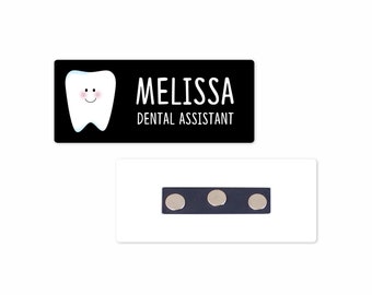 Personalized Magnetic Name Badge, Happy Tooth Custom Name Tag - 1.25" x 3" Magnetic, Dental Office, Dental Assistant, Dental Hygienist, RDH