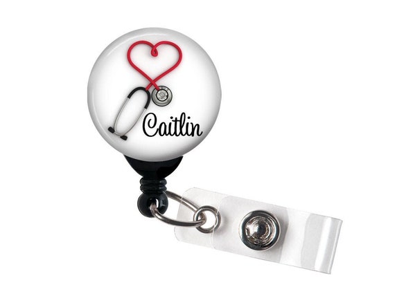 Retractable Badge Holder Red Heart Stethoscope Personalized Name