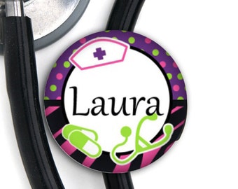 Stethoscope ID Tag - Personalized Name - Purple Nurse Theme