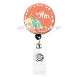 Badge Reel, Personalized Name Flowers and Arrows Choice of Colors Alligator Clip, Belt Clip, Carabiner, Lanyard, Nurse Badge image 2