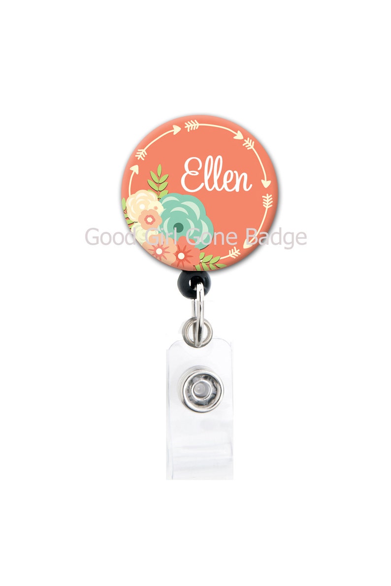 Badge Reel, Personalized Name Flowers and Arrows Choice of Colors Alligator Clip, Belt Clip, Carabiner, Lanyard, Nurse Badge image 2