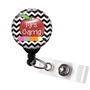 Retractable Badge Holder - Red Apple Teacher - Personalized Name Badge Reel, Lanyard, Carabiner / Teacher Badge / School Badge