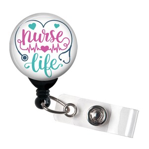 Retractable Badge Reel - Nurse Life with Stethoscope Teal Pink Badge Holder with Swivel Clip / Nurse Badge / Hospital Badge / RN / LPN / CNA