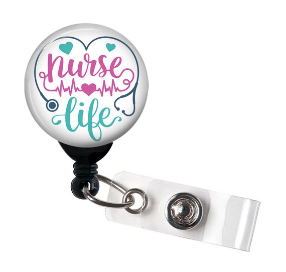 Retractable Badge Reel Nurse Life With Stethoscope Teal Pink 
