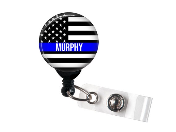 Retractable Badge Holder Personalized Name Thin Blue Line, Police Flag, Cop  Flag Choice of Badge Reel, Carabiner, Lanyard, Steth Tag 