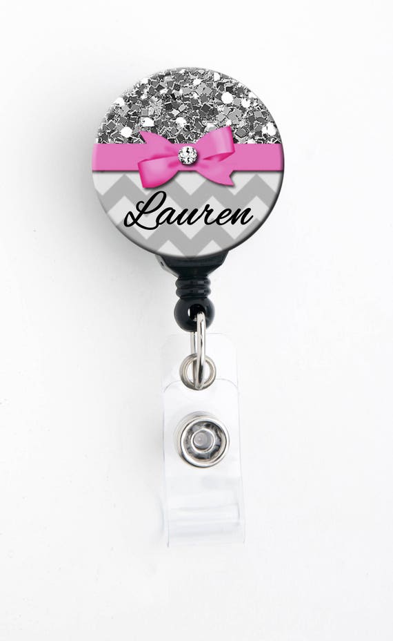 Retractable ID Badge Holder Personalized Name Grey Chevron Bow