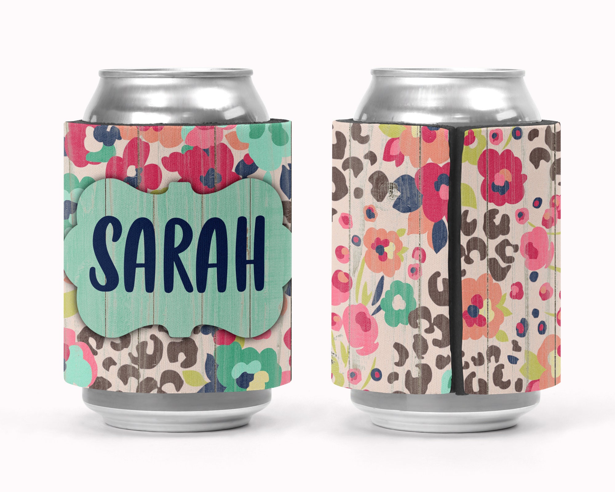Personalized Can Wrap Insulator / Floral Cheetah Print / Beverage  Insulator, Wedding Favor, Bridesmaid Gift Bachelorette Party / Drink Cozie
