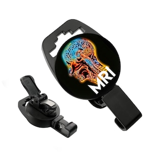 May include: Black retractable badge holder with a round, black and white graphic of a brain scan with the word "MRI" in white letters.