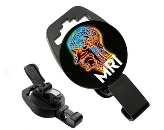May include: Black retractable badge holder with a round, black and white graphic of a brain scan with the word "MRI" in white letters.
