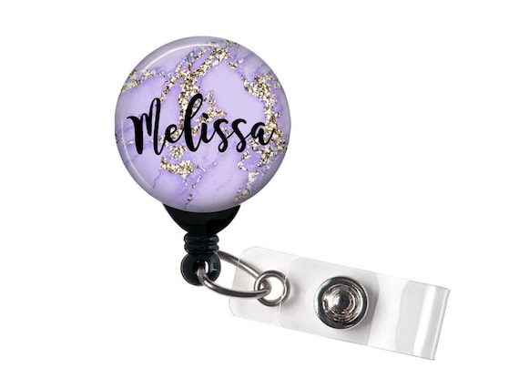 Retractable ID Badge Holder Purple Gold Marble Personalized Name