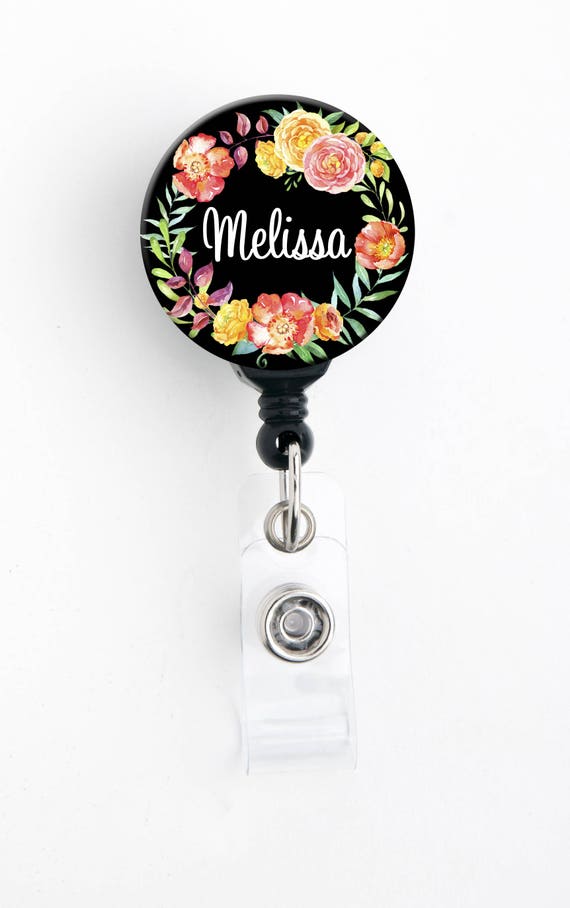 Retractable ID Badge Holder -Purple Floral Bouquet - Personalized Name Badge Reel, Steth Tag, Lanyard, Carabiner Nurse Badge / Teacher Badge