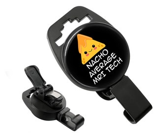 May include: Black retractable badge holder with a round black button featuring a yellow cartoon nacho with a smiling face and the text "Nacho Average MRI Tech".