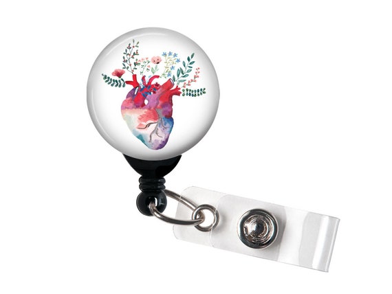 Retractable Badge Reel - Red Floral Heart - Badge Holder with Swivel Clip / Nurse Badge / Hospital / RN/ Md/ Cardiology / Cardio