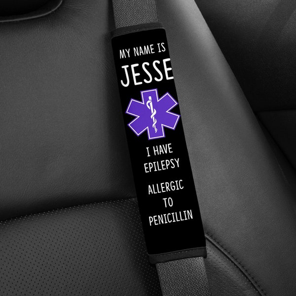 Medical Alert (Blue Symbol) Seatbelt Cover - PERSONALIZED, Seat Belt Cover, Special Needs, Epilepsy,  Hearing Impaired